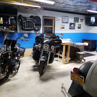 Motorcycles, Classic Car, and Wall Storage in Organized Garage - Jack from Elmira, NY