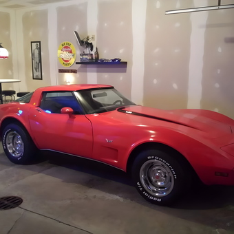 Red Corvette and Retro Shop Stools in Finished Garage - Shop Stools