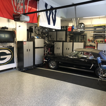 Organized Garage with Metal Cabinets and Classic Car - Jeff