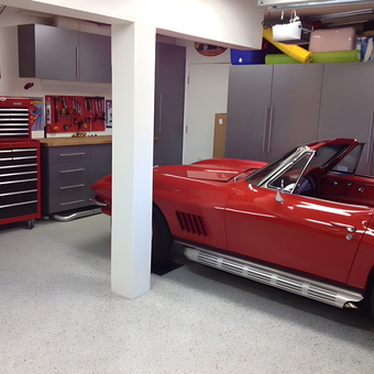 Organized garage with red tool chests and classic car - Bob from Laguna Niguel, CA