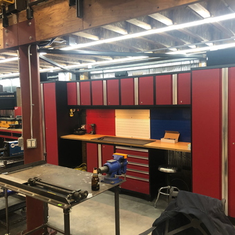 Red Garage Cabinets and Workbench with Pegboard - Colin from Lakewood, CO