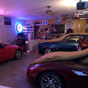 Classic Cars with Covers and Neon Garage Decor - Mike from CLINTON, IA