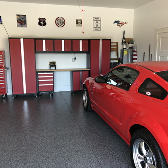 Red Garage Cabinets and Tool Chest with Mustang - Rick from Palm Desert, CA