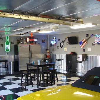 Garage With Neon Signs, Bar Stools, and Checkered Floor - Dan from Houston, TX