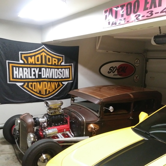 Classic Hot Rods and Harley Flag Display - Randy from Ontario, CA