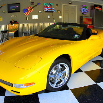 Checkered Garage Floor and Neon Signs Display - Dan from Houston, TX