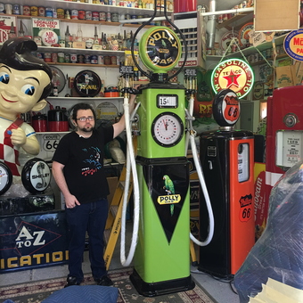 Vintage Gas Pumps and Collectible Signs Display - Big Cheese