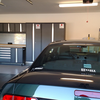Modern Garage Cabinets and Workbench with Car - Michael from Palm Springs, CA
