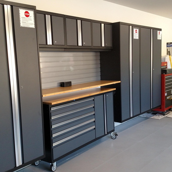 Modern garage with metal cabinets and workbench - Michael from Palm Springs, CA