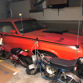 Classic Red Muscle Car and Mini Bikes in Garage - Gregg from Houston, TX