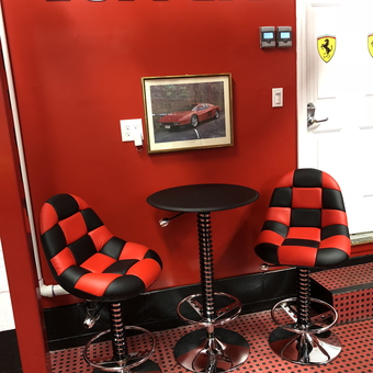 Ferrari Garage Decor with Checkered Bar Stools and Table - Bob from Colts Neck, NJ