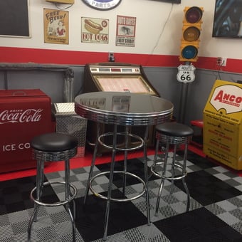 Retro Garage Decor With Bar Stools and Signs - Ray from Aston, PA