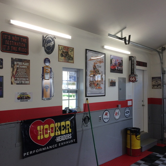 Garage Decor with Signs, Banner, and Oil Can Trash Bin - Ray from Aston, PA