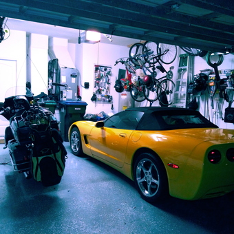 Organized Garage with Yellow Corvette and Motorcycle - David from Orlando, FL