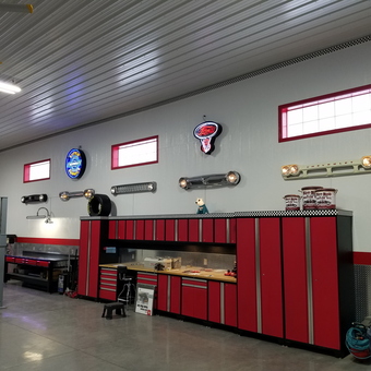 Red Garage Cabinets and Automotive Wall Decor - Doug from Valley, WA