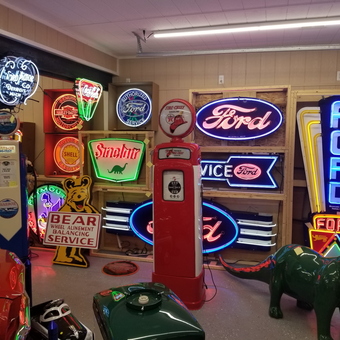 Vintage Neon Garage Signs and Gas Pumps Display - Big Cheese