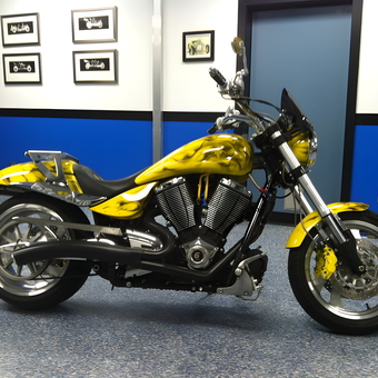 Custom Yellow Motorcycle in Blue Themed Garage - John from Piedmont, SC