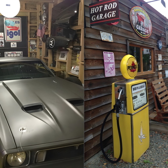 Classic Car Garage Decor with Vintage Signs and Pump - Didier