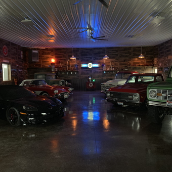 Classic Cars and Neon Signs in Custom Garage - Byron from Rigby, ID