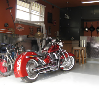 Custom motorcycle, bicycles, and tool chest in garage - Loren from Amarillo, TX