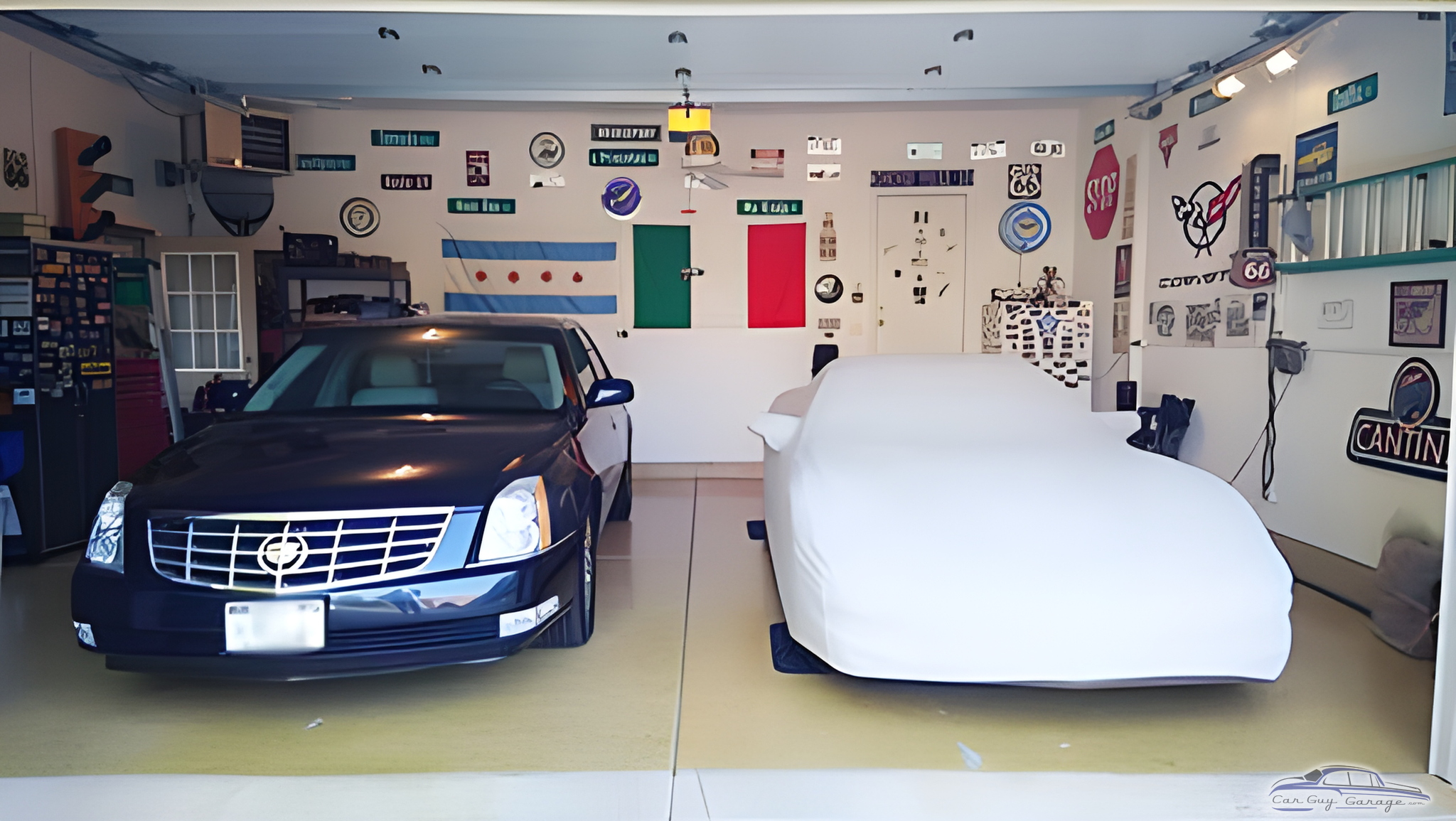 Organized Garage with Wall Signs and Car Covers - Bob from Plainfield, IL