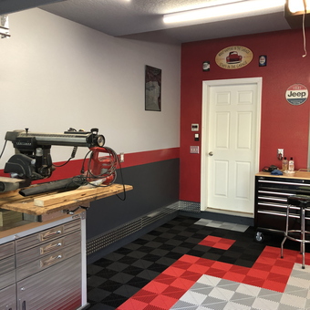 Red and Black Garage with Tool Cabinets and Floor Tiles - Dan from St Johns, FL