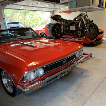 Classic Red Chevelle SS and Motorcycle Lift Setup - Jon from Redding, CA