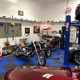Custom Garage with Lift, Motorcycles, and Texaco Decor - Joseph from East Greenwich, RI