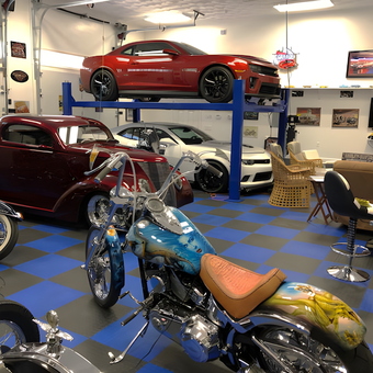 Classic Cars, Motorcycle, and Car Lift in Custom Garage - Joseph from East Greenwich, RI