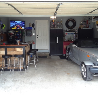 Custom garage bar, cabinets, and car display - Rob from Cincinnati, OH