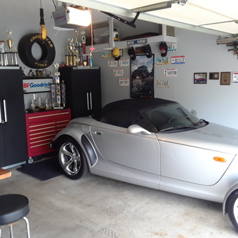 Organized garage with cabinets, tool chest, and classic car - Rob from Cincinnati, OH
