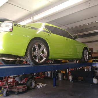 Lime Green Dodge Charger on Four Post Lift - Darryl from Clarksville, IN
