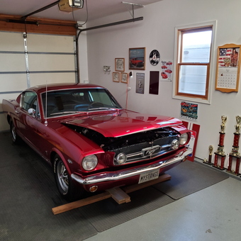 Classic Red Mustang in Organized Garage - Linda from Franklin Grove, IL