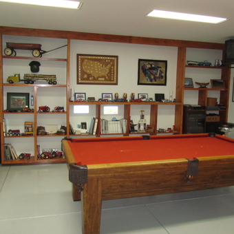Garage Game Room With Wood Shelving and Red Pool Table - Lon from Corvallis, OR