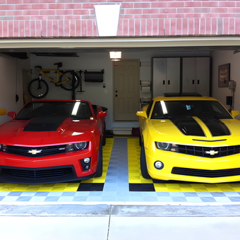 Organized garage with two Camaros and storage cabinets - Rob from Rochester, MI