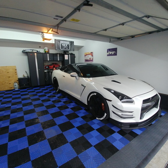 Garage with Blue Tile Flooring and Cabinets - Rob from Matteson, IL