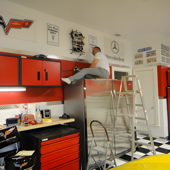 Red Garage Cabinets and Wall Decor with Metal Storage - Joe from Ft Worth, TX