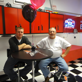 Corvette Garage Bar Stools, Neon Sign, and Red Cabinets - Joe from Ft Worth, TX