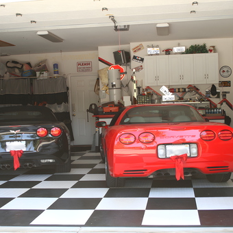 Checkered Garage Floor with Corvettes and Cabinets - Linda from Escondido, CA