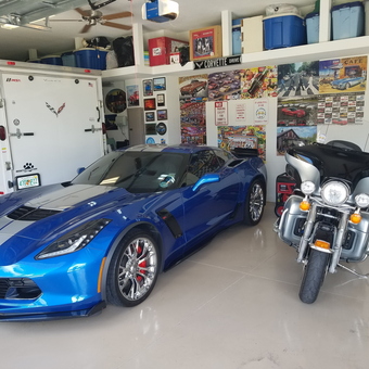 Blue Corvette, Motorcycle, and Trailer in Decorated Garage - Vinny from Parrish, FL