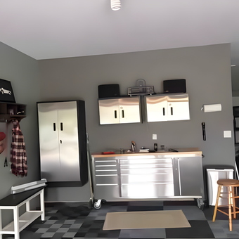 Modern garage with metal cabinets and workbench - Rick from Valparaiso, IN