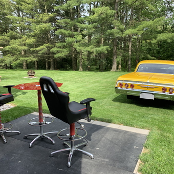 Garage Racing Bar Stools and Table With Classic Cars - Steve from Caledonia
