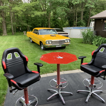 Racing Bar Stools and Table with Classic Car - Steve from Caledonia