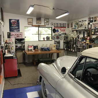 Classic car garage with trophies and wall art - Bill from Roseburg, OR
