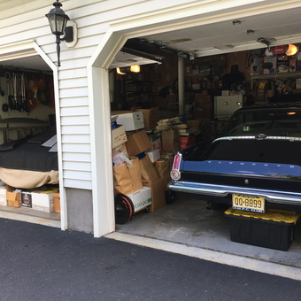 Two-car garage with classic Plymouth and storage bins - Ron from BERKELEY HEIGHTS, NJ
