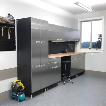 Modern garage with metal cabinets and workbench - Peds from Salem, OR