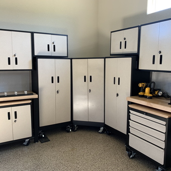 Garage storage cabinets and workbenches with pegboard wall - Mark from Castle Rock, CO