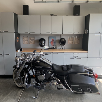 Modern garage cabinets and workbench with motorcycle - Don from Everett, WA