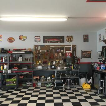Organized garage workspace with tools and decor - Russ from Billings, MT