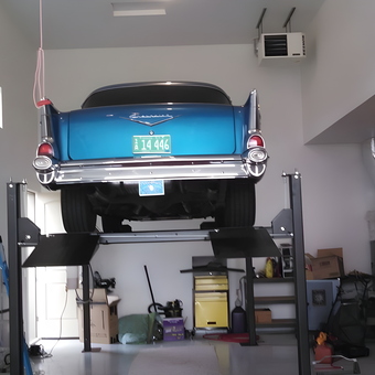 Classic Car on Four Post Lift in Organized Garage - David from Meridian, ID
